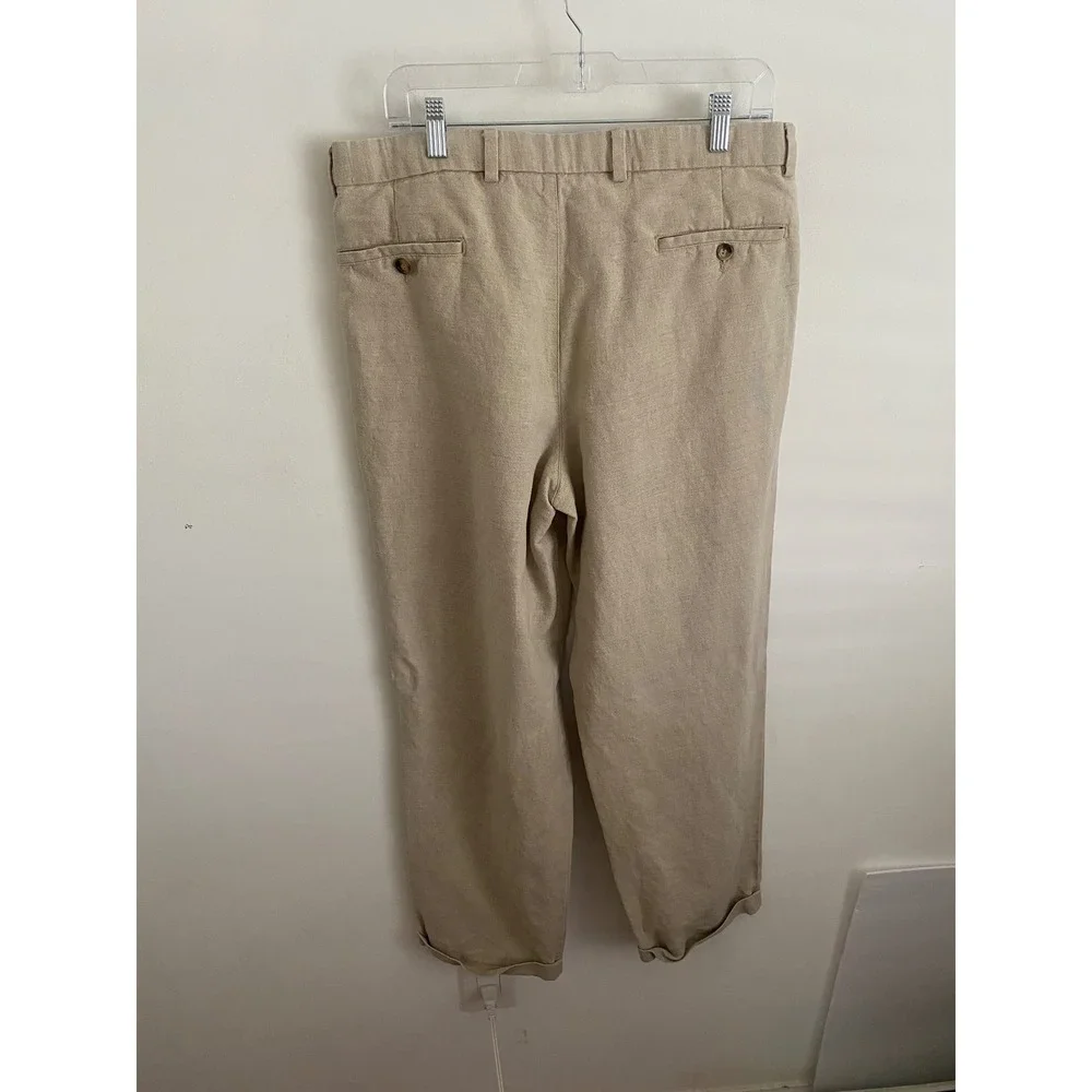 Dockers Premium Mens 34x30 Linen Cotton Blend Pleated Relaxed Fit Pants‎ Khaki